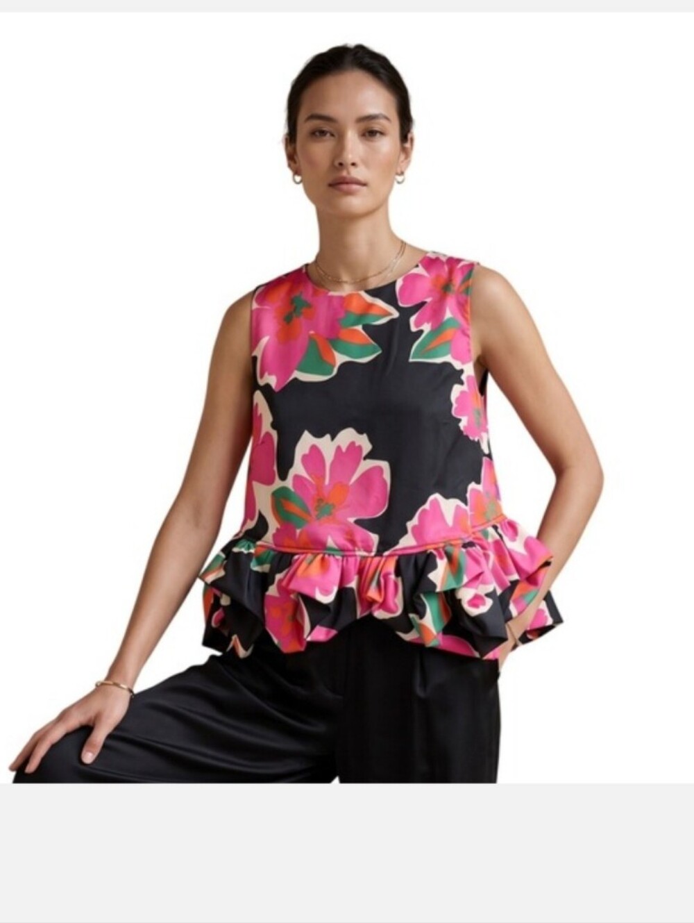 ENTRO Peplum Sleeveless Top Bold Floral Ruffle Mod Sm Dopamine Maximalist NWT